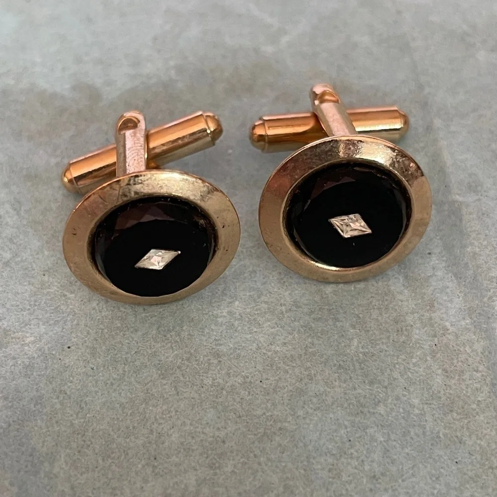 VTG Cuff Links Rose Gold Coloring Black Center with Clear‎ Stone Chip Middle
